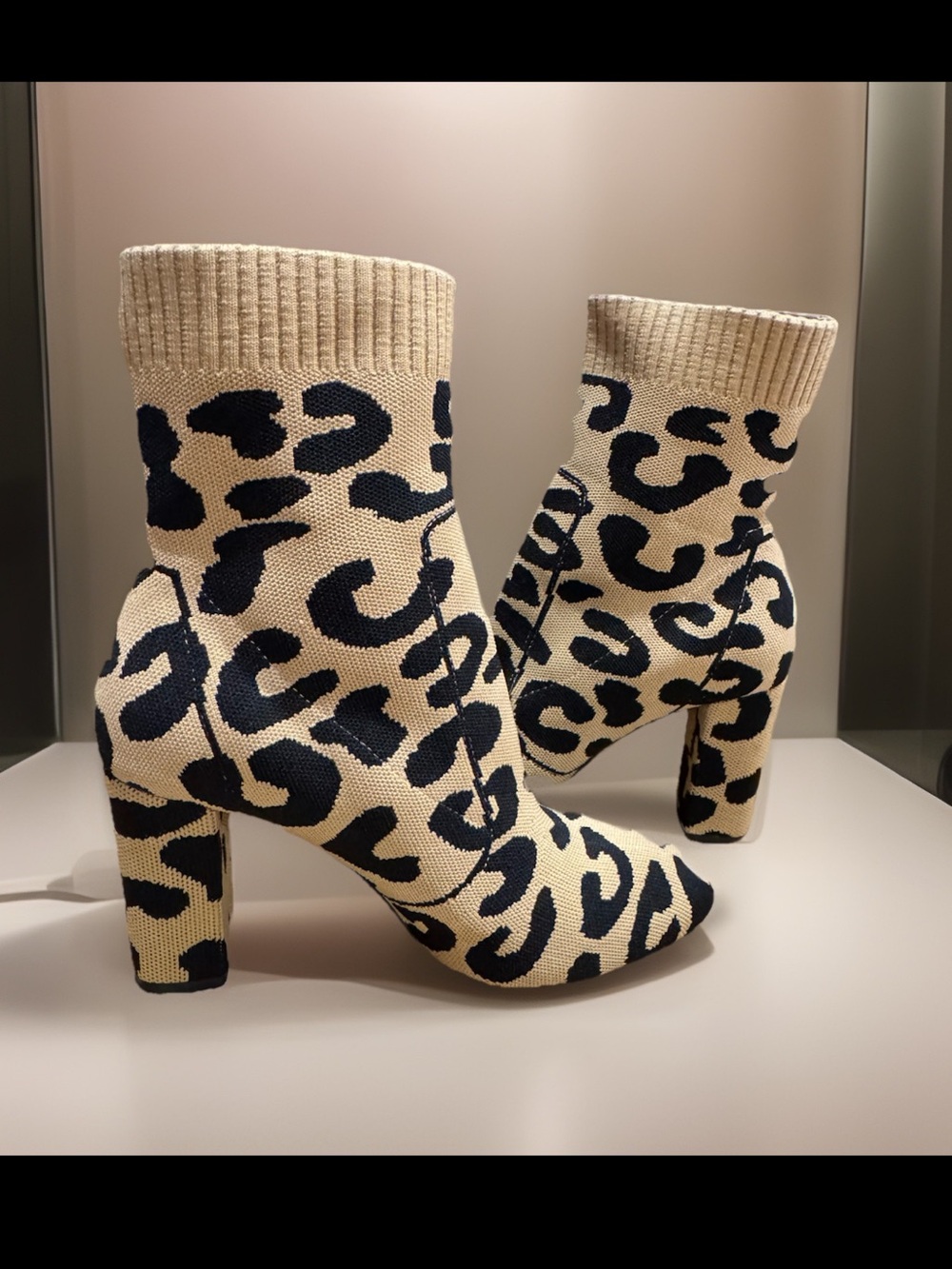 Silent: Portiac Ocelot: Womens: Chunky Block Heel Leopard Knit Sock Bootie (38)